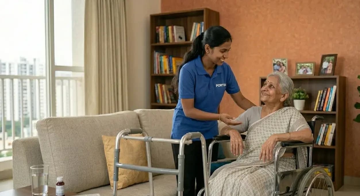 A Portea caregiver helping an elderly woman at home