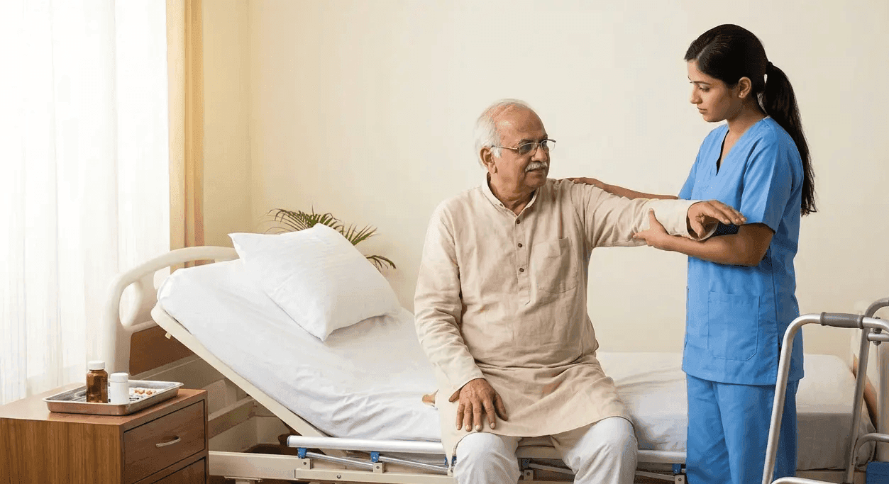A Portea nurse supporting an older man beside a hospital bed set up at home after discharge
